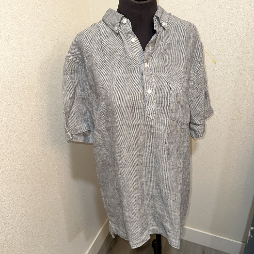 Onia Blue White Striped Linen Blend Popover Short Sleeve Collared Pocket Sz M